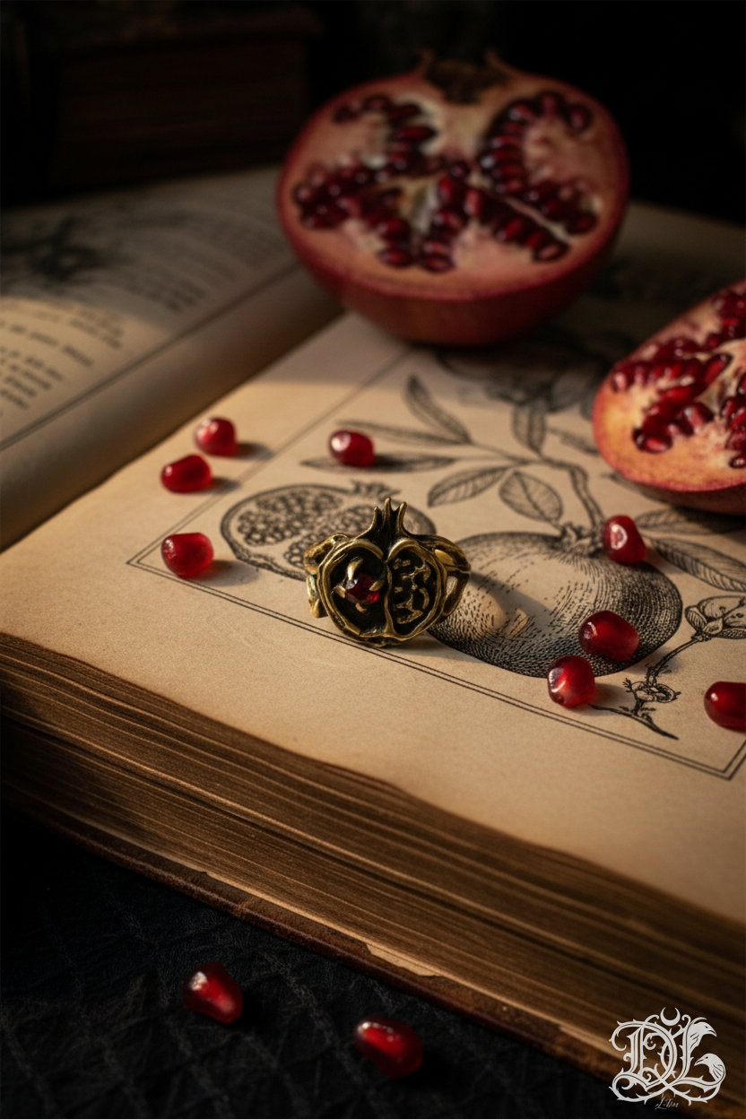 Anillo Perséfone centrado sobre libro antiguo