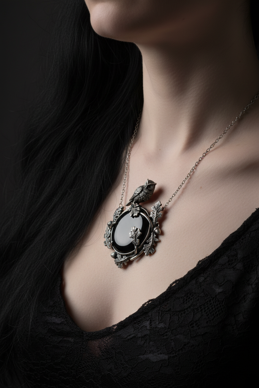 Collar búho ónix mujer melena negra